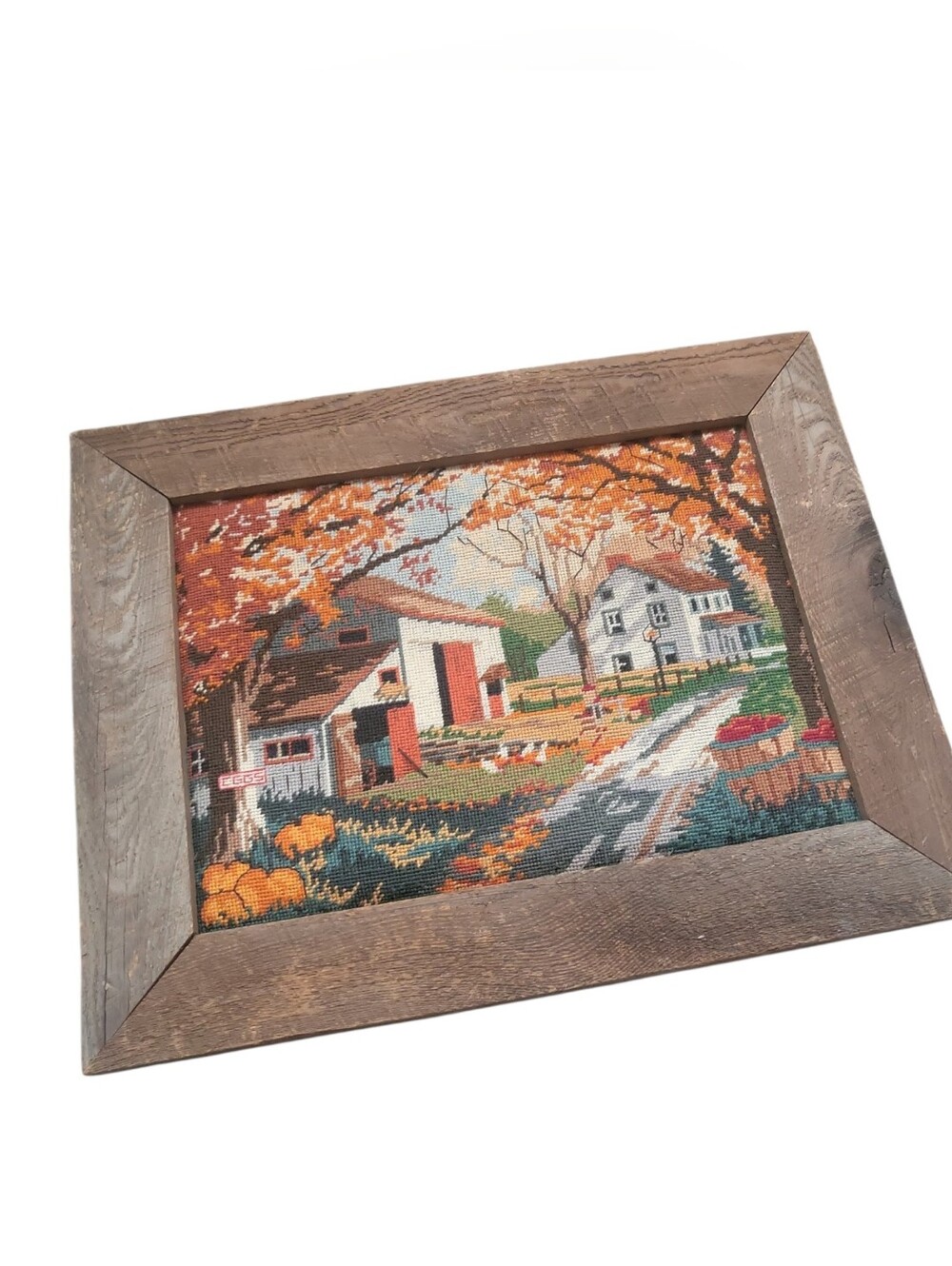 Vintage "The Roads Home" Needlepoint Barnwood Framed Wall Art ~ Farmhouse